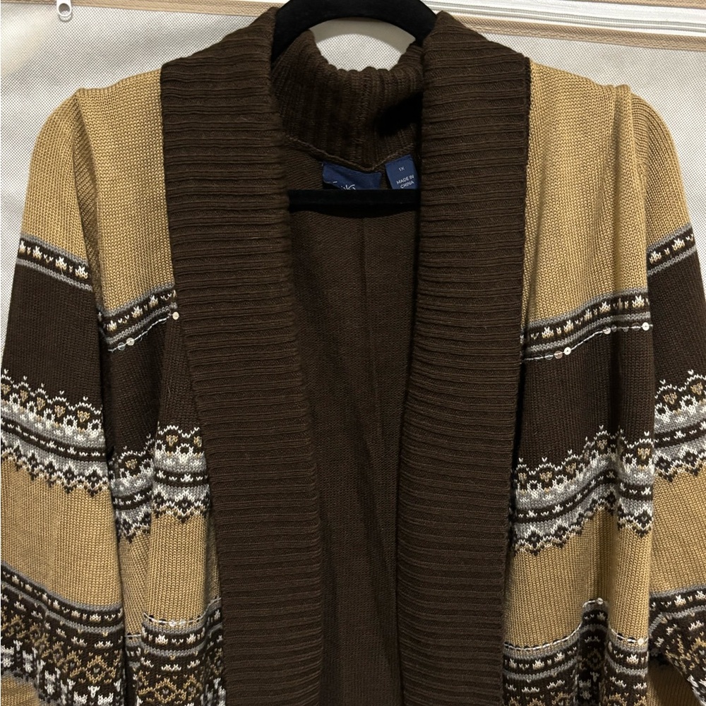 Gloria Vanderbilt Chocolate and Beige Patterned Cardigan
